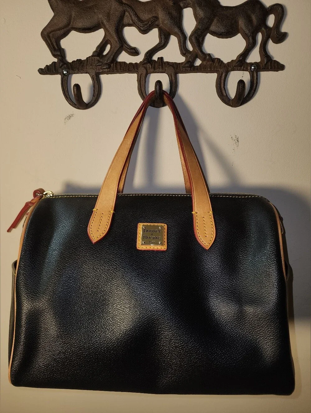 Dooney & Bourke Black Pebbled Leather Olivia Satchel Tan Handles
